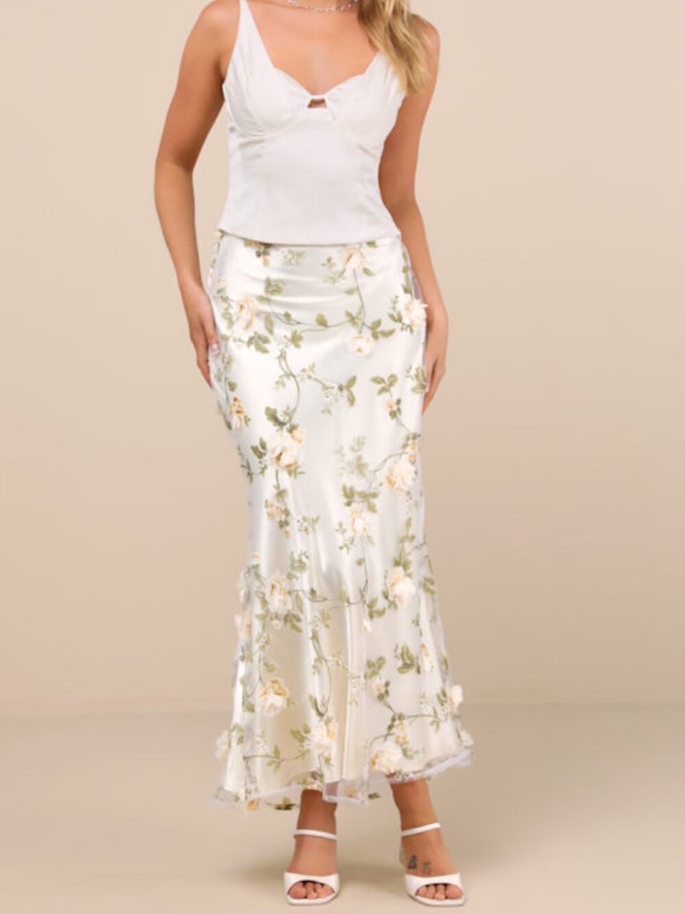 NWT 🤍 Lulus Aurelia Ivory 3d Floral Satin Maxi Skirt White